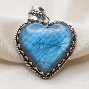 Labradorite Heart Pendant Blue Flash Statement Stone Silver Tone Setting 2.5"